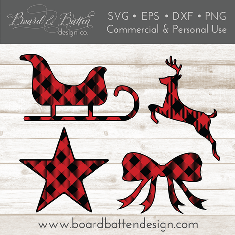 Buffalo Plaid Christmas Shapes Set 2 - Sleigh, Leaping Deer, Bow, and Star SVG File