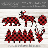 Buffalo Plaid Woodland Shapes Set - Bear, Moose, Pine Cone, Buck Head, and Row of Trees SVG Files - Commercial Use SVG Files for Cricut & Silhouette