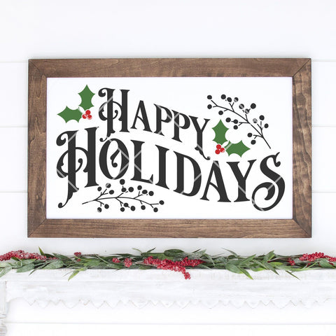 Vintage Happy Holidays with Greenery SVG File