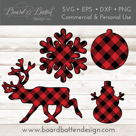 Buffalo Plaid Christmas Shapes Set 1 - Reindeer, Snowflake, Snowman, and Ornament SVG File