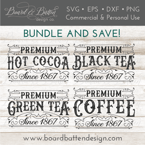 Vintage Label SVG Bundle - Premium Coffee, Black Tea, Green Tea and Hot Cocoa